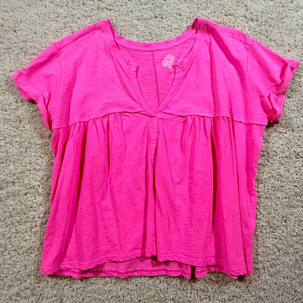 Anthropologie Pilcro Neon Pink Cotton Babydoll V-Neck Top L Barbiecore Flowy